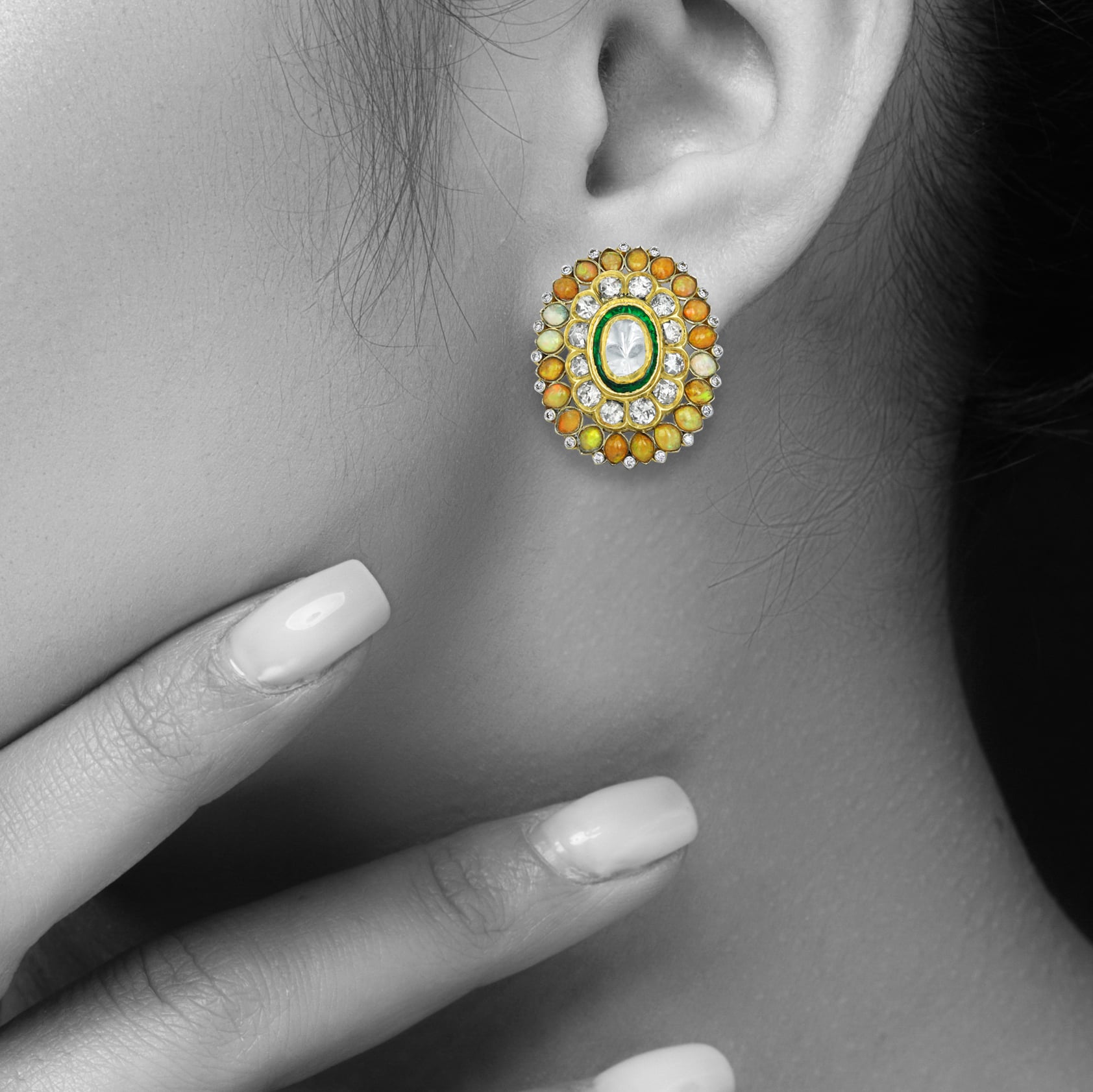 Polki Diamond Studs with Green Enamel and Opal Gemstone Halos